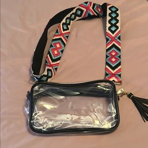 Black and Pink Crossbody Bag with Geometric Strap